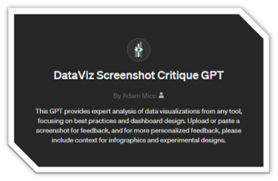 AdamMico1's tweet photo. Launching DataViz Screenshot Critique GPT! A decade in #DataViz, now sharing my dream project. Innovation + fun = transformative storytelling. 🚀 Ready to explore? 🔗https://t.co/zSeGWtICCL #Innovation #ChatGPT #DataFam + more in comments! https://t.co/uMjBzGYXr4