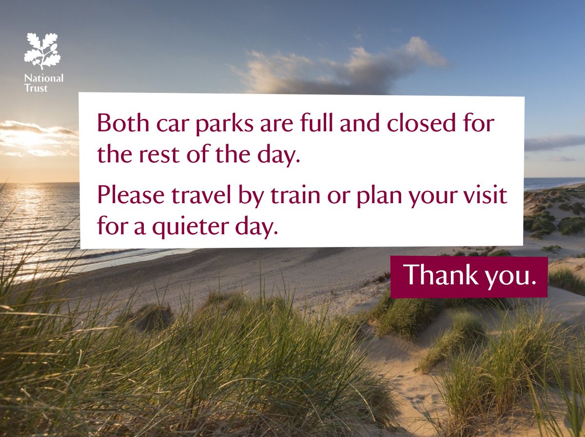 Both car parks are full and closed for the rest of the day. Please travel by train or head to alternative beaches nearby. 🚆 Plan your train journey here bit.ly/41KRd85 🏖 Sefton beaches bit.ly/3PJfBBC 🏖 Wirral beaches bit.ly/3PInB5Q Thank you.