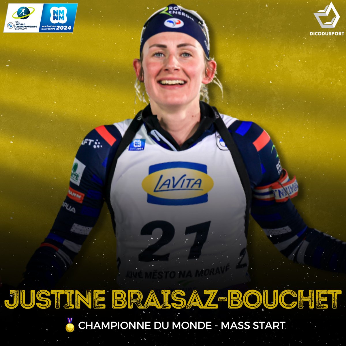 🇫🇷😍🔥 𝐂𝐇𝐀𝐌𝐏𝐈𝐎𝐎𝐎𝐎𝐍𝐍𝐄 𝐃𝐔 𝐌𝐎𝐎𝐍𝐃𝐄 !!!

Justine Braisaz-Bouchet prend la médaille d'or sur la mass start des Mondiaux de Nove Mesto, devant Lisa Vittozzi et Lou Jeanmonnot ! 🤯 #NMNM24 #Biathlon