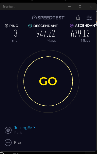Bruno_FIBRE's tweet photo. 2,86 ms arrondie à 3 par l'application sur le serveur de @Julieng6v_ #freeboxDelta 1000/700 théorique @Speedtest #windows11pro23H2 https://t.co/FmBwneMexe