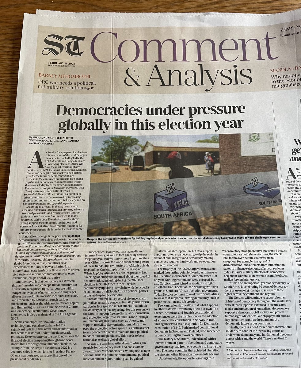 StianNC's tweet photo. Democracy, and why we need to defend it — joint Nordic Op-ed in Sunday Times today. 👇👇👇 https://t.co/CEsRBzhJ6f