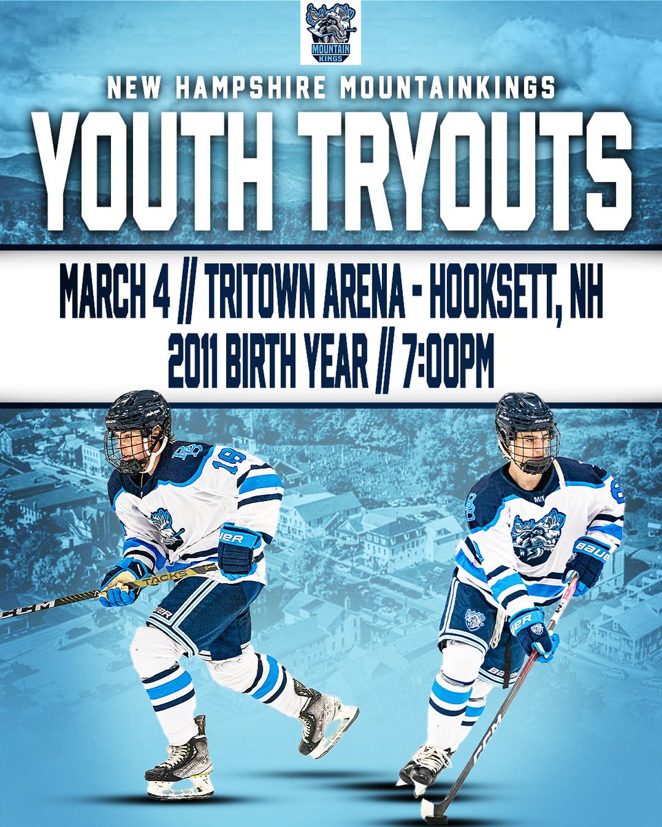 nhmountainkings's tweet image. 🚨Youth Tryouts🚨

On March 4th we will be hosting Bantam 2011 birth year tryouts which will be held at Tritown Arena at 7:00pm 🏒

Click the link below to register 👇️👇️👇️docs.google.com/forms/d/e/1FAI…