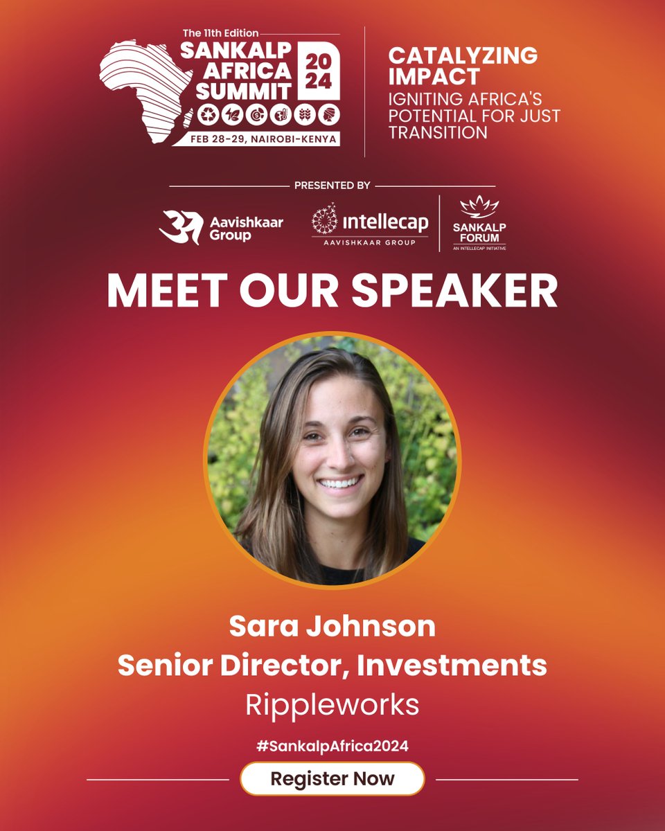 Exciting news! 

Thrilled to have Sara Johnson, Senior Director of Investments at Rippleworks, as a speaker at #SankalpAfrica2024! 

Join us for a journey through her impactful career!
Register today: lnkd.in/g5yF5SvC 

#InnovateAfrica #SustainableFuture