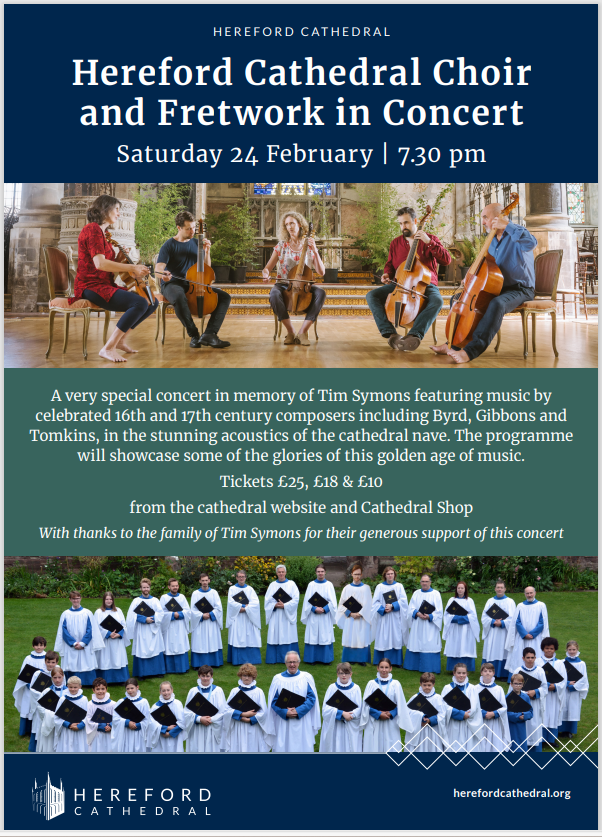 This is going to be a wonderful concert given by @FretworkViols & @HfdCath_Choir next Saturday. It's in memory of Tim Symons, our dear friend & former colleague @HFDCathedral. Young people 25 & under pay just £10, which would have pleased Tim no end!