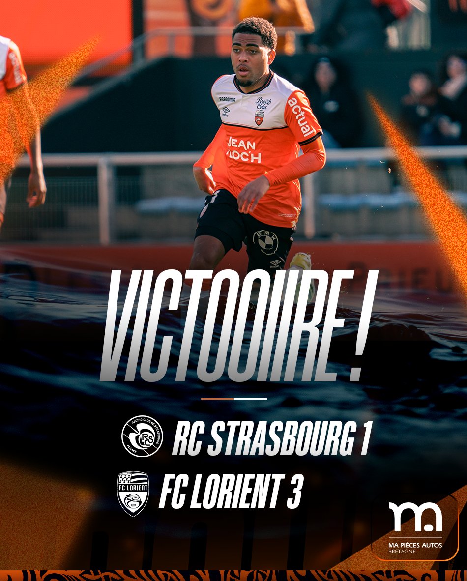 FCLorient's tweet photo. 𝗟𝗼𝗿𝗶𝗲𝗻𝘁 𝗹'𝗲𝗺𝗽𝗼𝗿𝘁𝗲 𝗳𝗮𝗰𝗲 𝗮̀ 𝗦𝘁𝗿𝗮𝗯𝗼𝘂𝗿𝗴 ! 👊🔥🧡

Un doublé de Mohamed Bamba (2' et 45+2') et une réalisation de Julien Ponceau (49'). https://t.co/rc9AJYC1e1