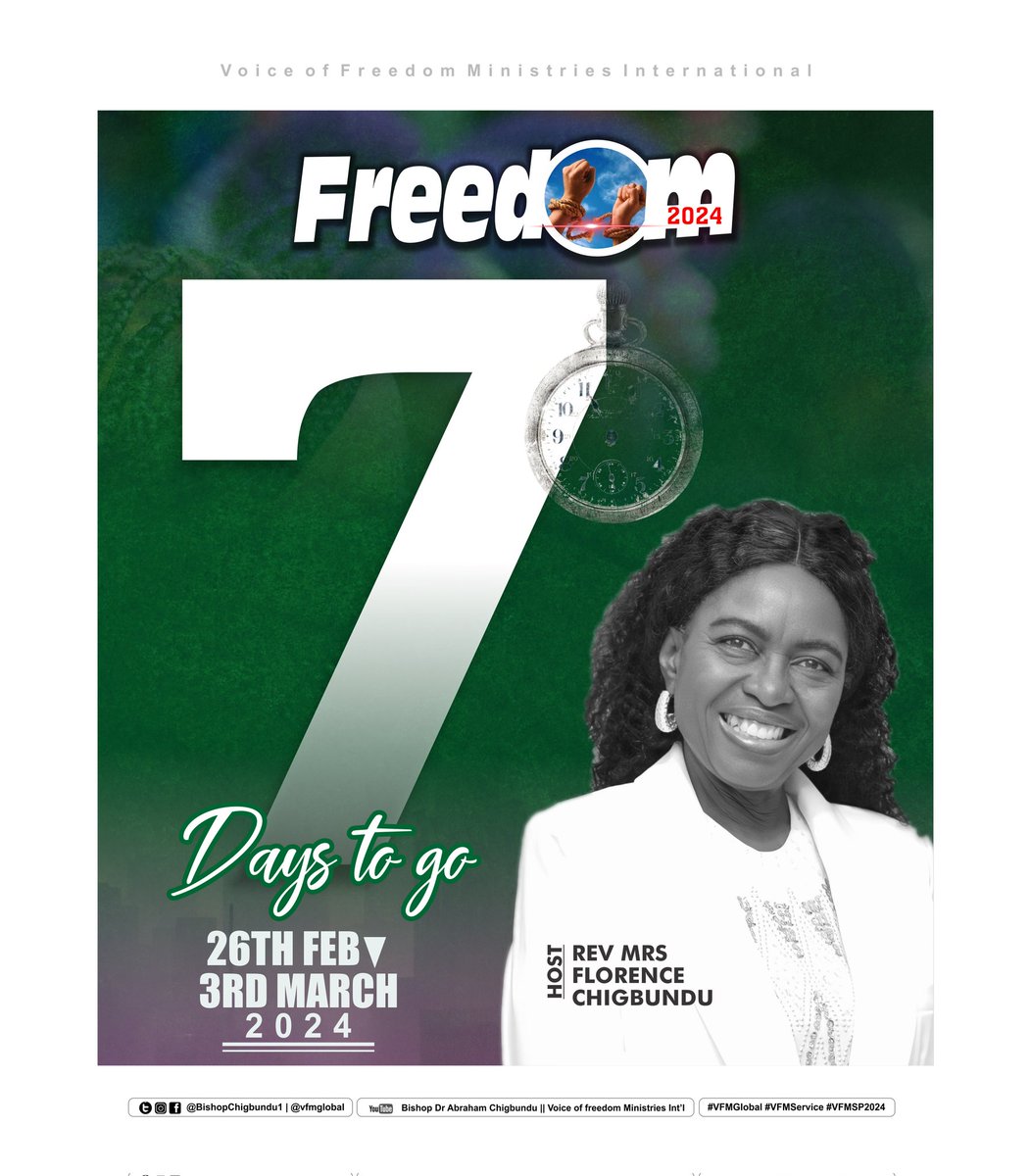 #VFMFreedom #7 Days to go!

Let the countdown remind you that something incredible is just around the corner.

#Share #pray #plan #attend
#VFMFreedom
#VFMGlobal
#VFMService
#bishopchigbundu
#bigbrothernlbe 
#instagramdown