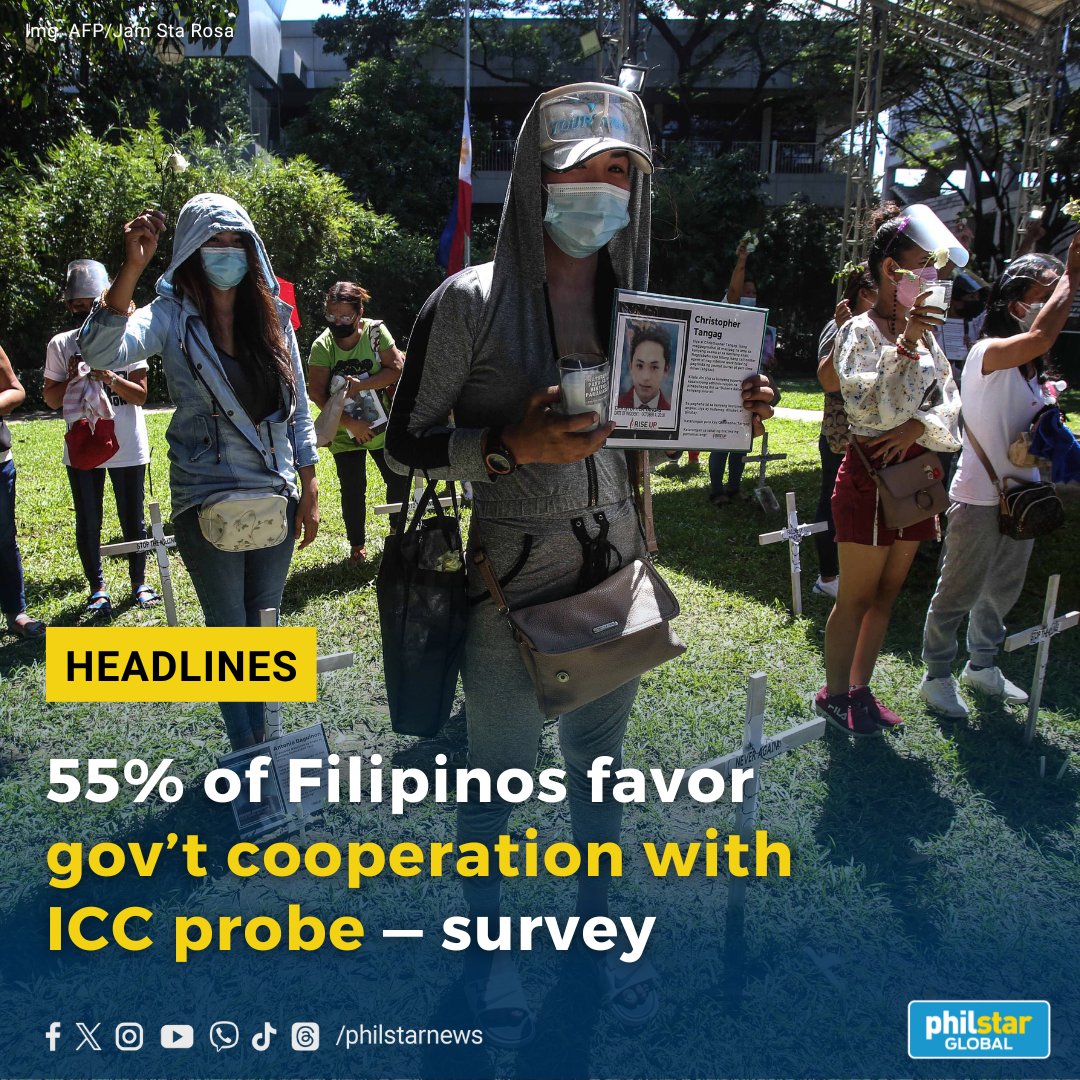 A recent poll showed that 55% of adult Filipinos are in favor of the government cooperating with the probe into the alleged crimes against humanity committed during the Duterte administration's 'war on drugs.' Read: philstar.com/headlines/2024…