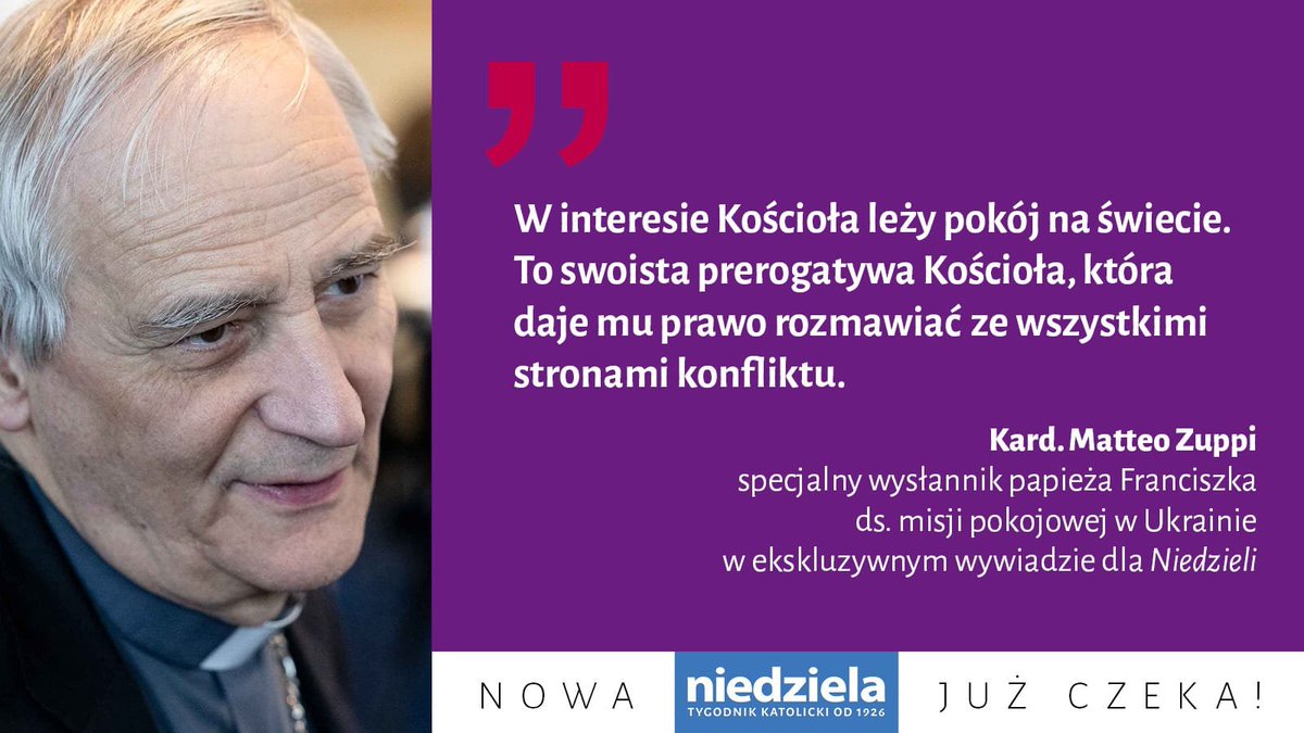 niedziela_pl's tweet photo. #NowyNumer
O roli dyplomacji Watykanu w tworzeniu klimatu do negocjacji, europejskiej metodzie radzenia sobie z uchodźcami oraz o Cyrylu, któremu żal rosyjskich żołnierzy, mówi kard. Matteo #Zuppi https://t.co/iZFejNaFMX https://t.co/wUxNKwUzJ4
