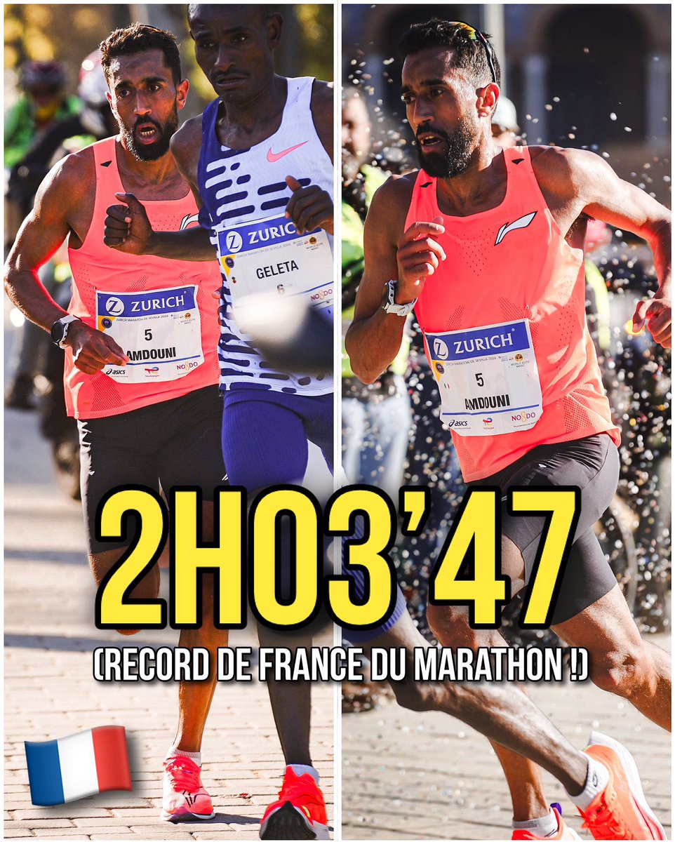 🚨🚨 RECORD DE FRANCE du marathon pour Morhad Amdouni (🇫🇷) en 2️⃣H0️⃣3️⃣’4️⃣7️⃣ au marathon de Séville à l’instant ! 🙆‍♂️ C’est du 2:56/km de moyenne et il explose son record de 95 secondes 🔥🔥 MONSTRUEUX !

35 ans et deuxième place d’un prestigieux marathon ✊