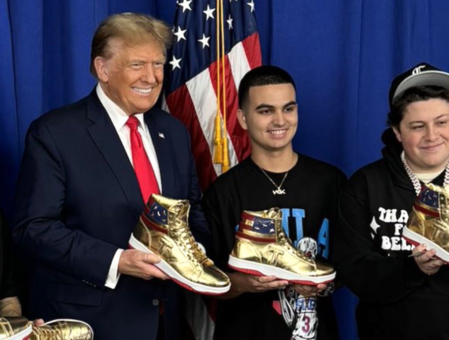 I won't be commenting on tweets about Trump's 'sneakers'. You all know my stance. I can't think of any circumstance where it is acceptable for men to wear trainers (plimsolls) when not participating in a sporting activity. Gold ones suggest the wearer has illegal sexual interests