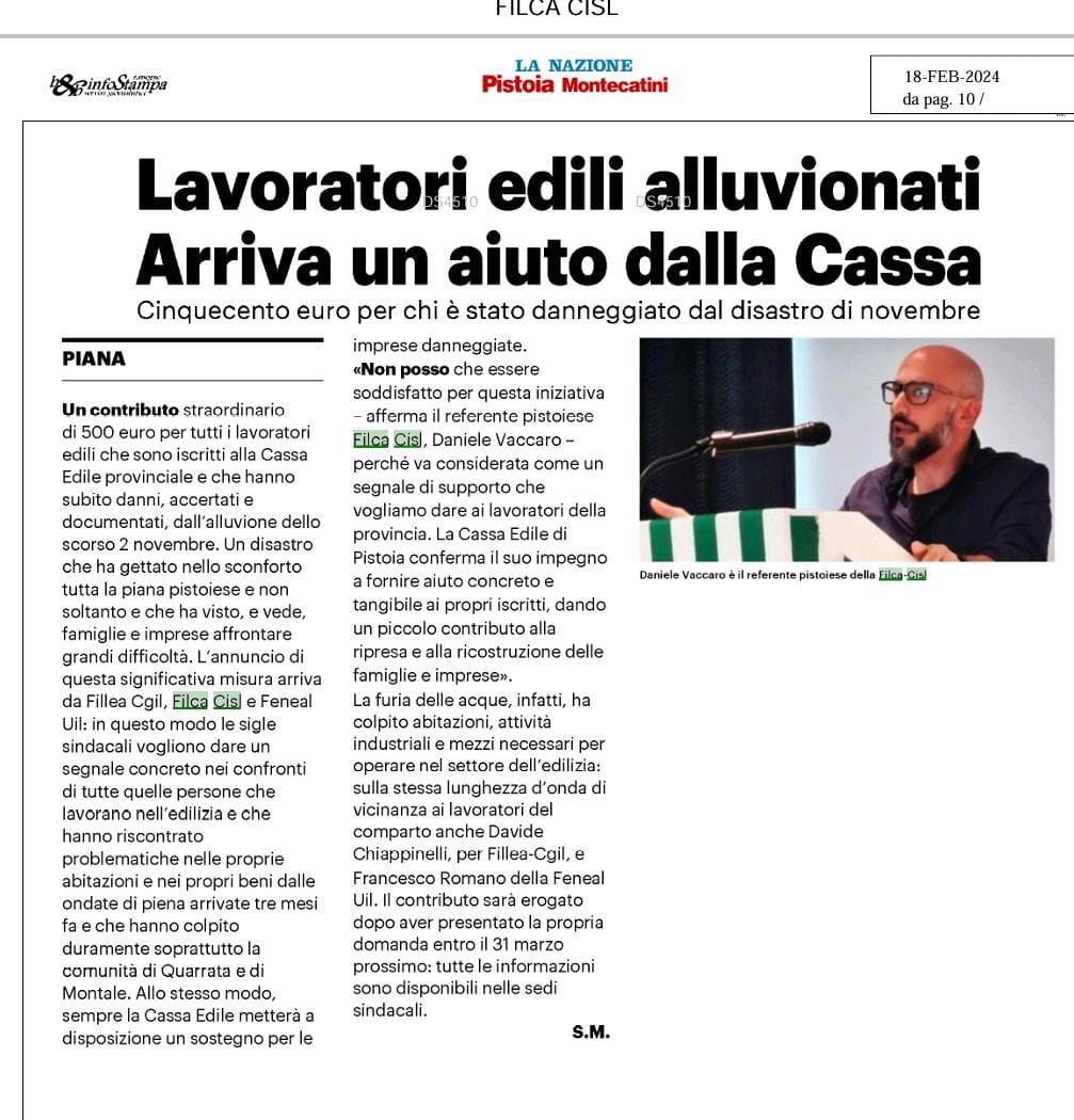 FilcaToscanaPT's tweet photo. #18febbraio #cassaedile #pistoia #contributo #alluvione https://t.co/e5MuVBPwj3