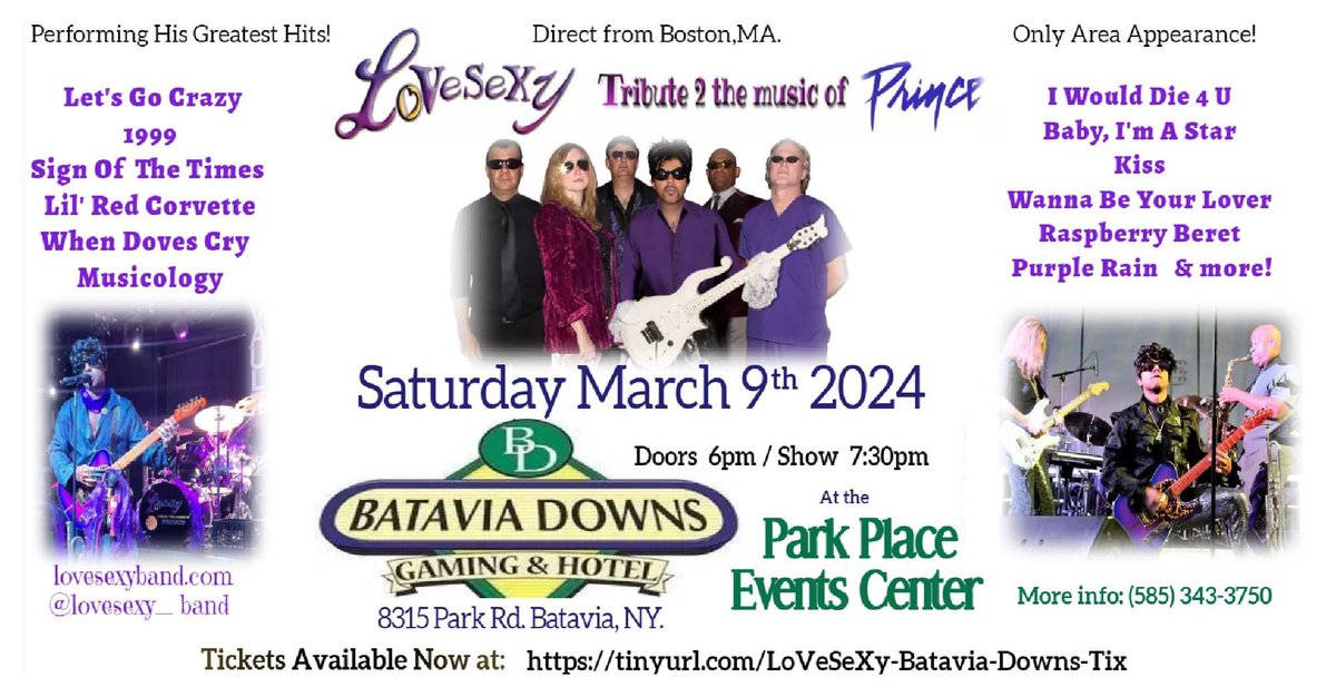 Hey PRINCE fans in NY, @LoVeSeXy_band is coming to Batavia Downs on 3/9/24! Make Plans Now!