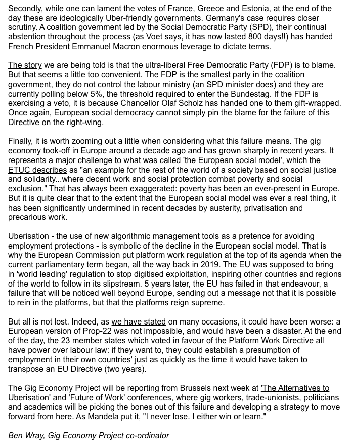 project_gig's tweet photo. The Gig Economy Project weekly newsletter is out!

The Platform Work Directive hit a dead end on Friday, blocked by just 4 member-states. The failure is symbolic of a wider erosion of 'the European social model'. #PlatformWork

Get GEP's newsletter here: https://t.co/GF8A2WaPUi https://t.co/tIUoLq19AQ