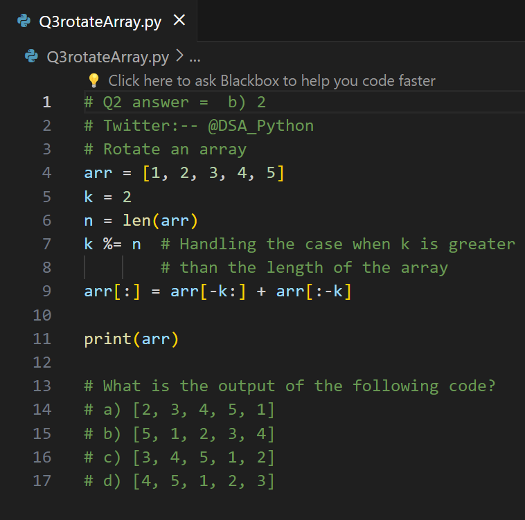 DSA_Python's tweet image. 🚀 Day 3 of #100DaysOfDSAChallenge! Today's topic: Arrays and Strings. Let's explore another interesting problem: 📝 Question: #RotateAnArray
#DSA #Arrays #Python #CodingChallenge #Programming #Algorithm #DataStructures #TechTrends #LearnToCode