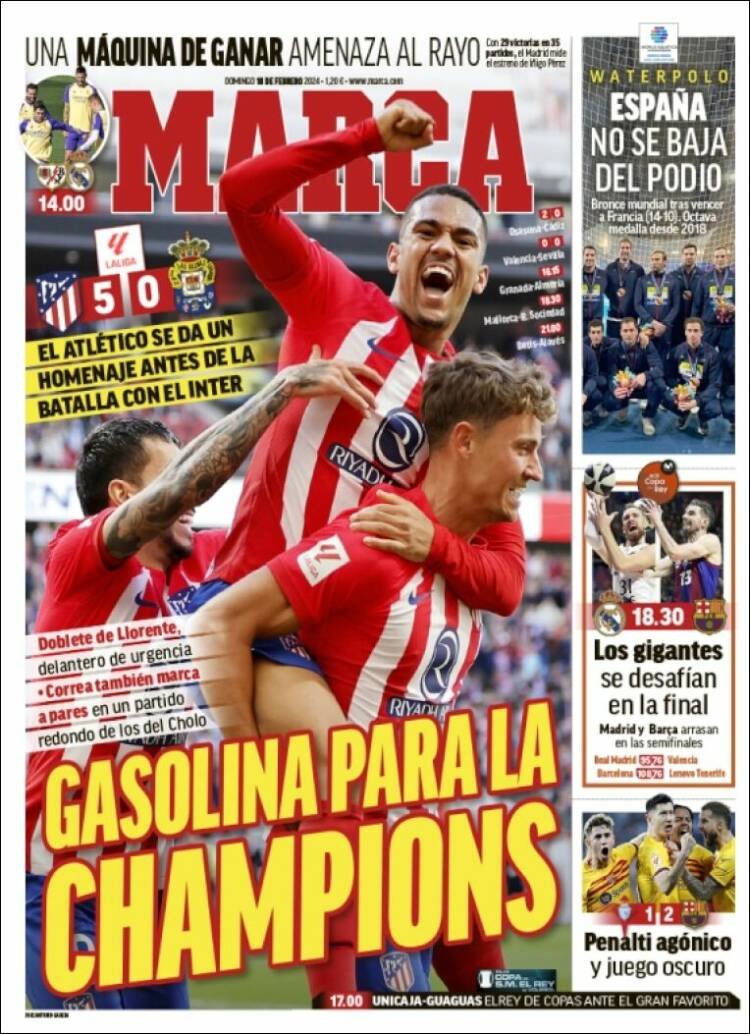 LigActu's tweet photo. 📰 DE L'ESSENCE POUR LA CHAMPIONS

🔥 L'Atlético étrille Las Palmas avant la bataille contre l'Inter

⚽️ Llorente et Correa ont marqué un doublé

🥅 Un pénalty agonique et un jeu sombre permettent au Barça de l'emporter

💢 La machine à gagner du Real Madrid menace le Rayo

🗞️ @marca