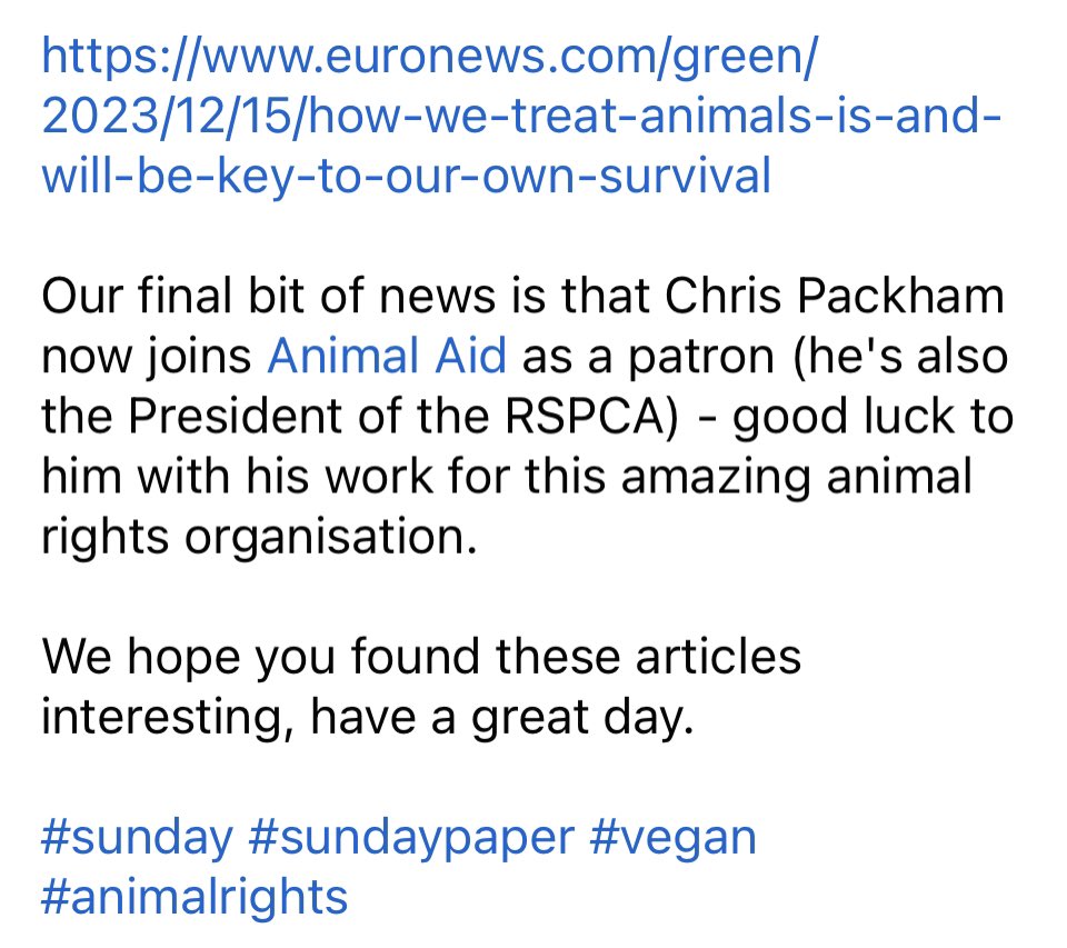 Welcome to our Sunday Catch Up - full article in pics. Links below: 

theguardian.com/environment/20…

mirror.co.uk/sport/horse-ra… 

euronews.com/green/2023/12/…

We hope you found these articles interesting, have a great day.

#sunday #sundaypaper #vegan #animalrights