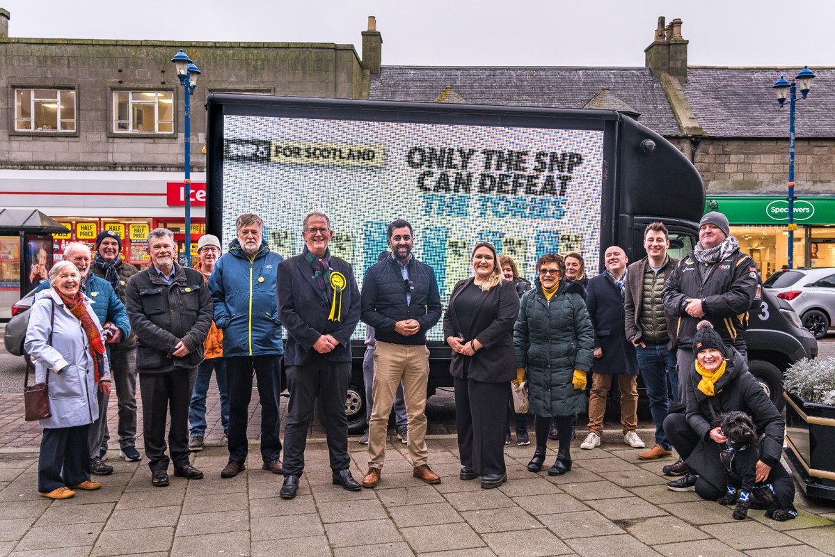 HumzaYousaf's tweet photo. Delighted to be campaigning yesterday with brilliant candidates Graham Leadbitter &amp; Seamus Logan, alongside our fantastic activists in the North East.

We are 2nd place in every Tory seat in Scotland. We can make Scotland Tory-free at the General Election by voting @theSNP https://t.co/9ZJsuj0cB2