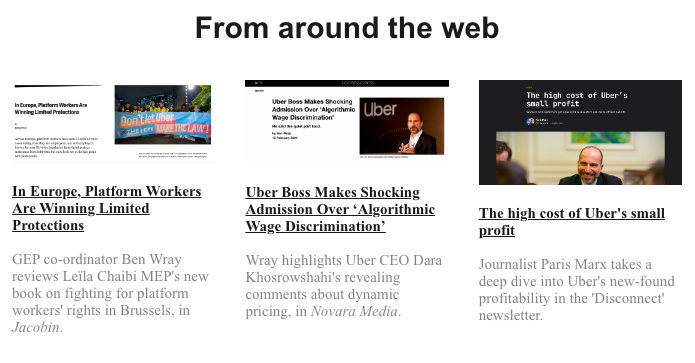 project_gig's tweet photo. @deliveryjobuk Around the web:

- @Ben_Wray1989 reviews @LeilaChaibi's book 'Pirate MEP' https://t.co/bxgmA8Sa9Q

- Uber CEO admits algorithmic wage discrimination, in @Novaramedia https://t.co/OVtqltQe56

- @ParisMarx deep dive into the high cost of Uber's small profit https://t.co/YBYWHXDiJq https://t.co/UVLomARbet