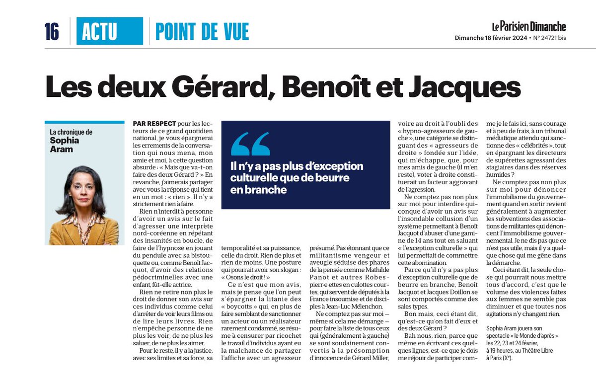 'Mais que va-t-on faire des deux Gérard ?' (Quelques mots dans @le_Parisien sur Depardieu, Miller, Jacquot et Doillon.) #OsonsLeDroit