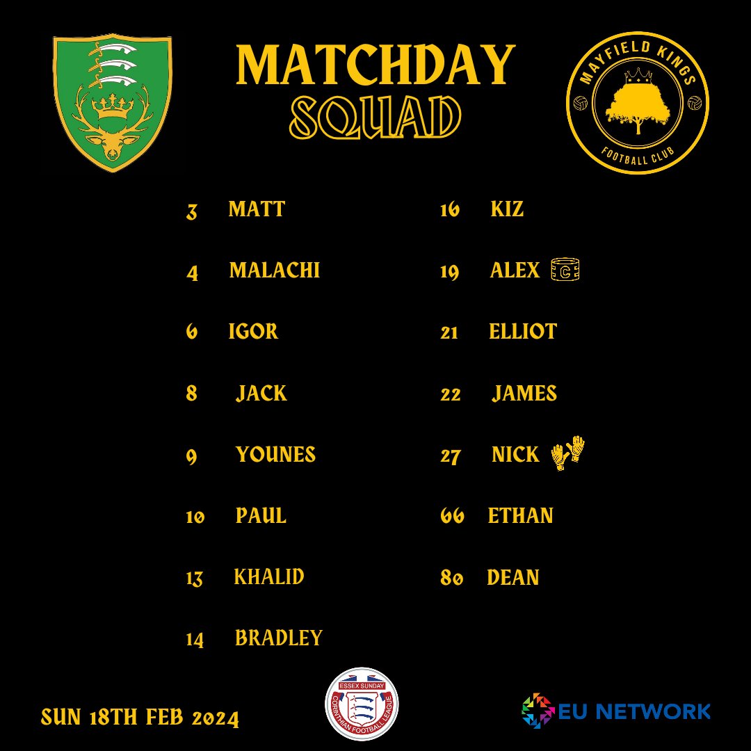 🚨 IT'S MATCH DAY 🚨 

🗓 Sunday 18th February 2024 

🏆 Div 6, @essexcorinthian 

🆚️ Chingford Athletic 

🏟 Town Mead Leisure Park, EN9 1JH 

🕥 Kick Off 10:30AM 

Swipe for today's squad! ⚽️ 

👑🌳 

#SundayLeague #MayfieldKingsFC #TheGoldStandard #UpTheKings