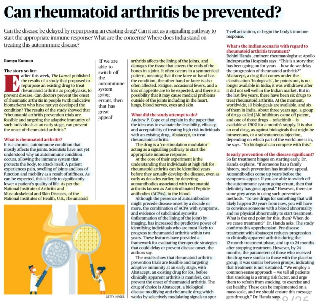 'Can Rheumatoid Arthritis be prevented?'

:Well explained by Ms Ramya Kannan
@ramyakannan

#RheumatoidArthritis 
#chronicillness #autoimmune #Joints #bones #Prevention
#Abatacept #ACPAs
#AutoAntibodies
#Biologicals
#JAKinhibitors
#healthcare #Medicina
#research

#UPSC

Source: TH