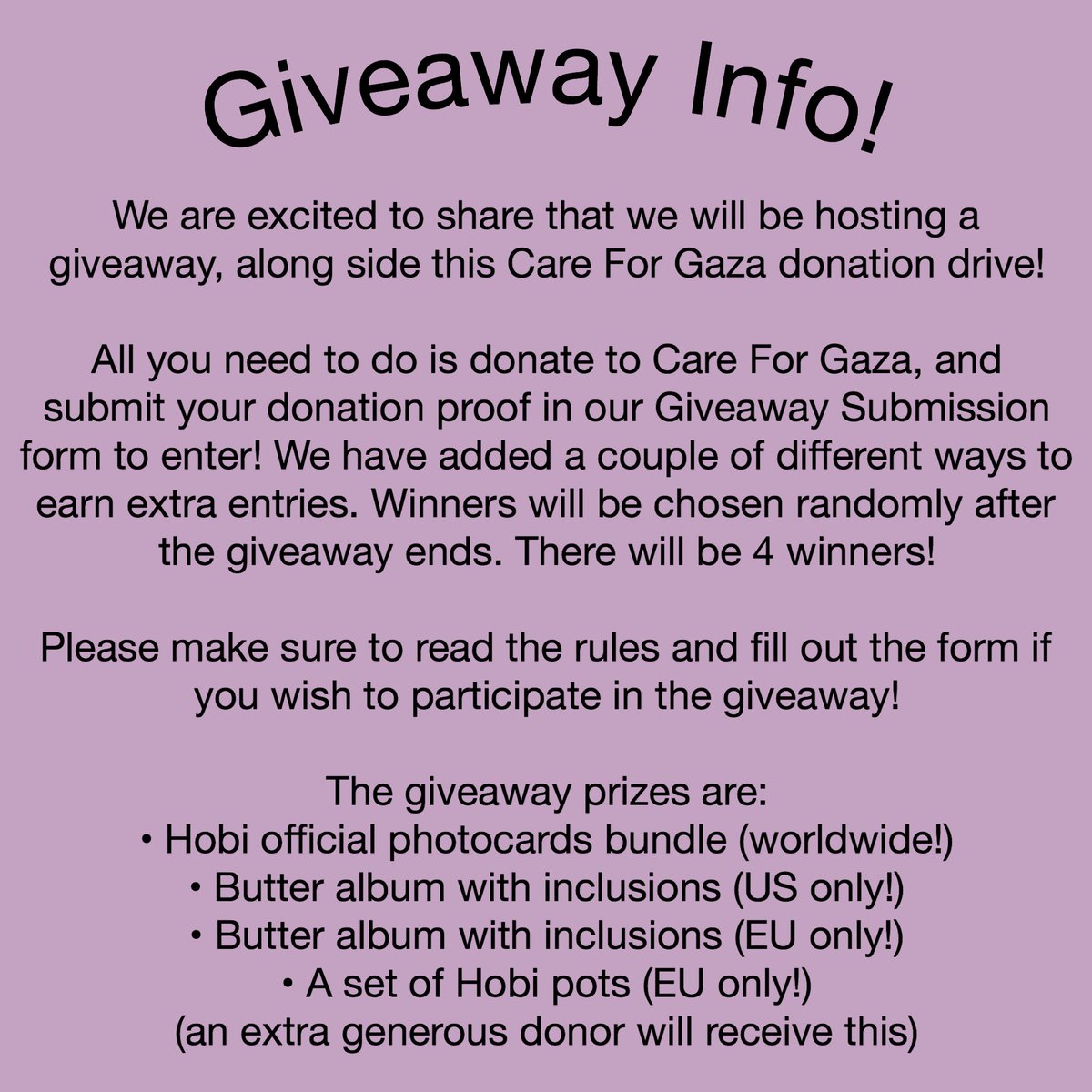ARMY! our Care For Gaza donation drive and giveaway is now open! Even if you don't wish to participate in the giveaway, please do participate in the donation drive! 💜 🔗 Donate to Care For Gaza here: paypal.com/paypalme/Usman…