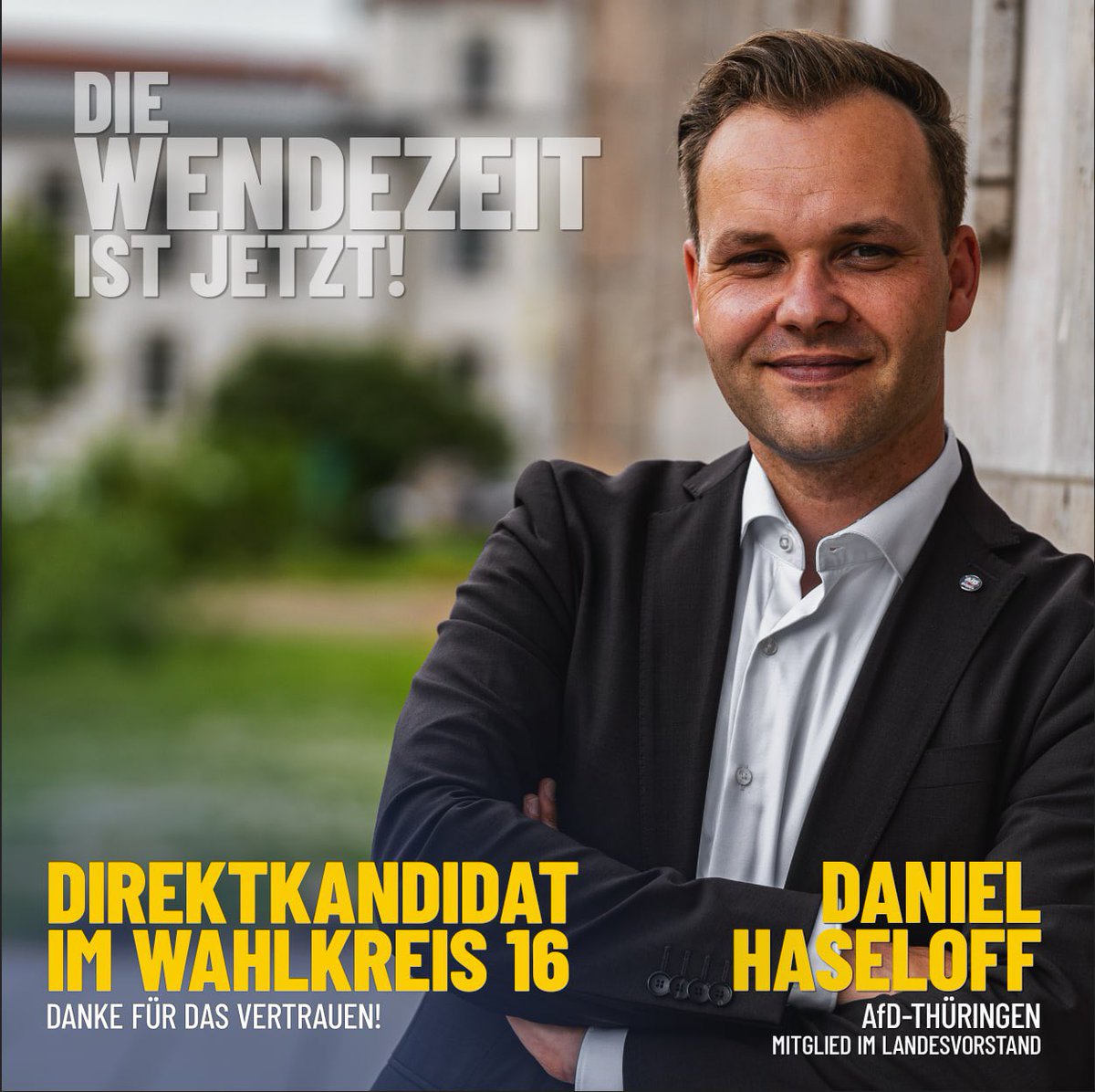 Am Freitag wurde ich zum #Direktkandidaten für den Wahlkreis 16 zur #Landtagswahl  in #Thüringen gewählt. 
Kündigung der #Medienstaatsverträge,  #Remigration, Abwicklung von #Antifa-Fördersümpfen. Wir rücken unsere Landsleute wieder in den Mittelpunkt des politischen Handelns.