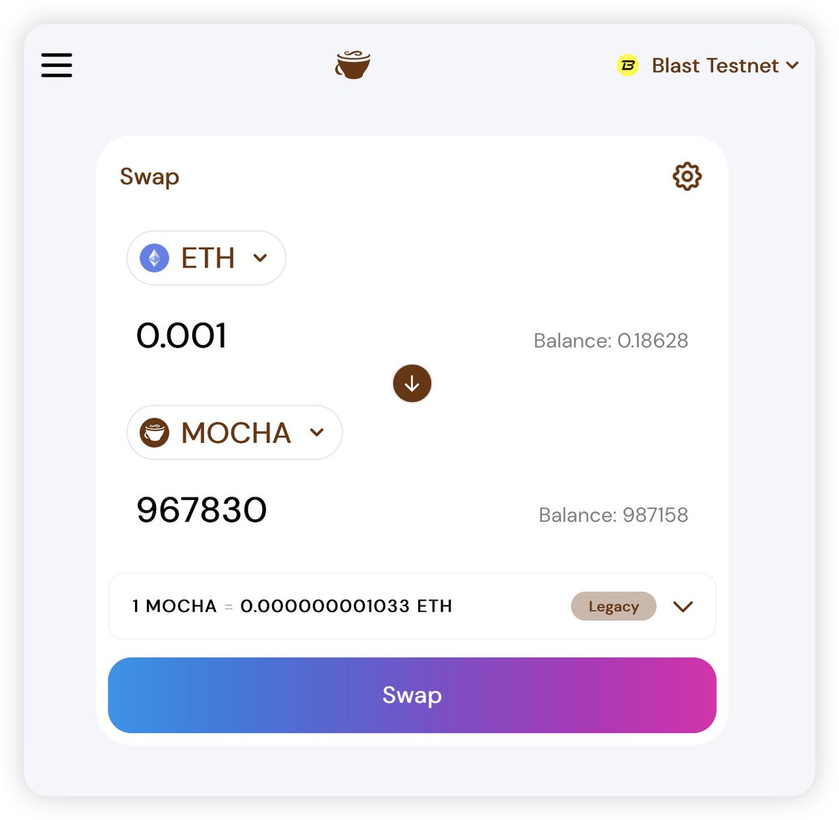 mocha_swap's tweet photo. Mochaswap launched on #BLAST_L2 Testnet. 

Mochaswap is a decentralized exchange (DEX) on various blockchains that offers DeFi services, including swapping, staking, launchpads, lending, and yield farming.

#BlastFi #BlastL2 #Blasterswap https://t.co/4gOc2plDTy