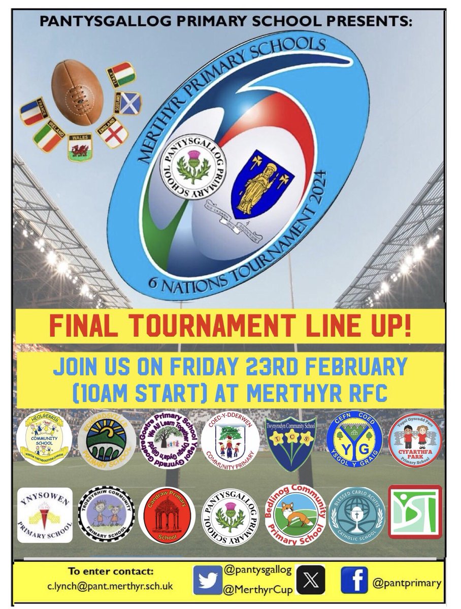 MerthyrCup's tweet photo. 🏉MERTHYR PRIMARY 6 NATIONS RUGBY TOURNAMENT 🏉

⚠️⚠️JUST 5 DAYS TO GO! ⚠️⚠️

We are delighted to have 14 Merthyr Primary Schools entered into our 6 Nations Tournament. 

📅 Friday 23rd February 2024
⏰ 10:00am - 2:00pm
📍The Wern, Merthyr RFC https://t.co/TFgY3zbt4C