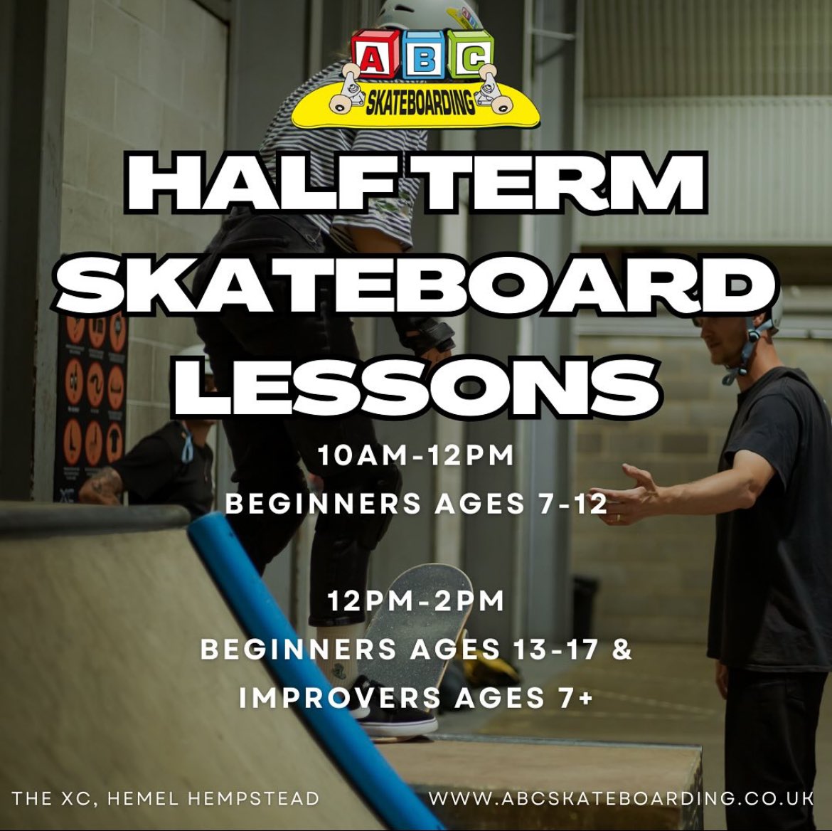 GROUP &amp; PRIVATE LESSONS AVAILABLE THIS HALF TERM ✨

the XC in Hemel Hempstead for all dates of the half term 19th-23rd! 

Equipment provided 🛹

Book at abcskateboarding.co.uk

#abcskateboarding #skateboarding #learntoskateboard #halfterm #holiday #hemel #hertfordshire