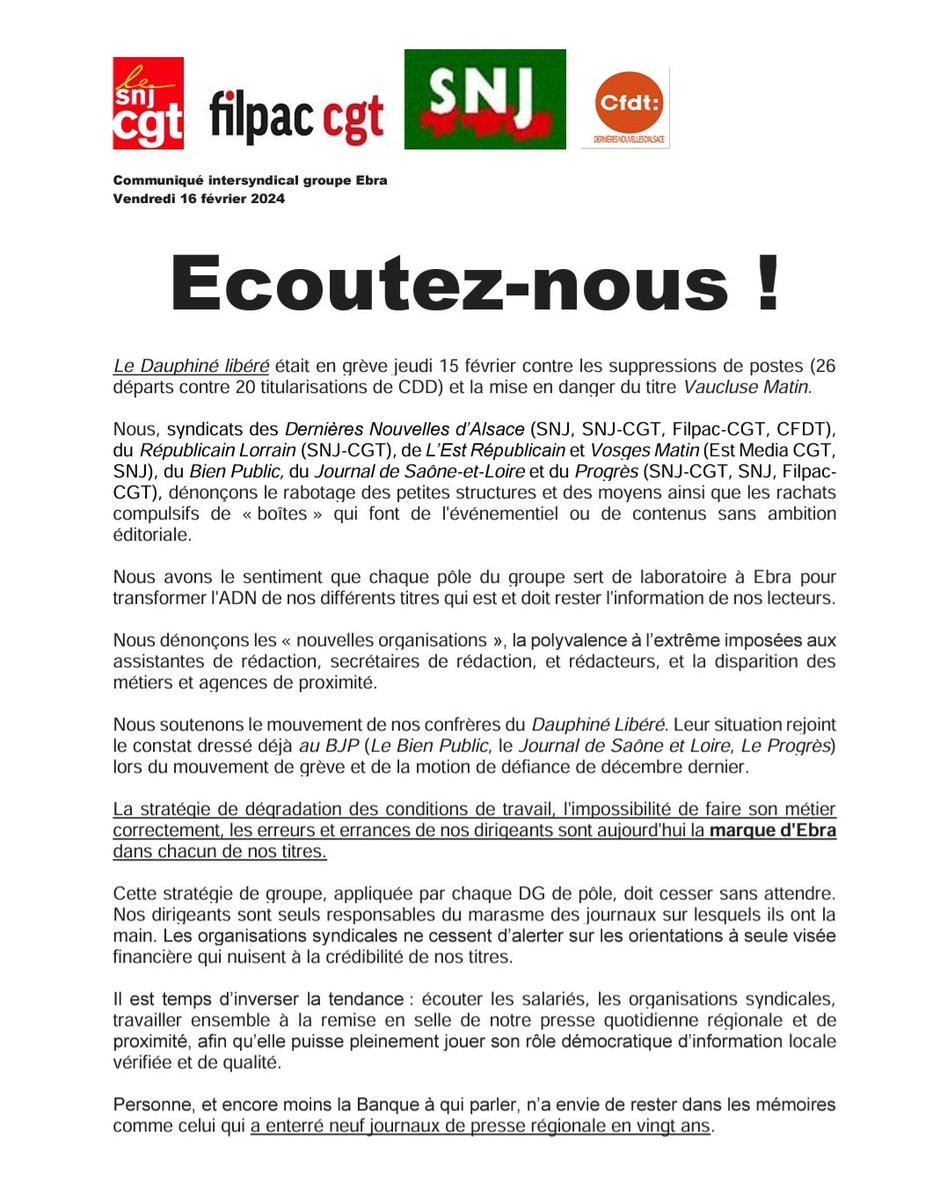 Allô la lune ? ☎️🌛 Ici la base ! 

Les mouvements de grève et les motions de défiance se multiplient dans les journaux <a href="/EBRApresse/">EBRA Info</a> mais les dirigeants du groupe de presse détenu par le <a href="/CreditMutuel/">Crédit Mutuel</a> préfèrent la com' et l'enfumage au dialogue social 
🙈 🙉 🙊