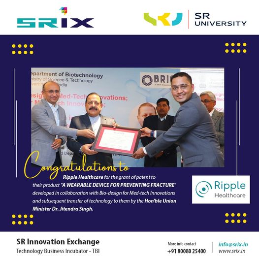 Congrats Ripple Healthcare on the patent for their Fracture-Preventing Wearable'! Big thanks to Bio-design and Hon'ble Union Minister Dr. Jitendra Singh for the tech transfer.

#SRU #SRUniversity #Btech #RippleHealthcare #HealthcareInnovation #TechCollaboration