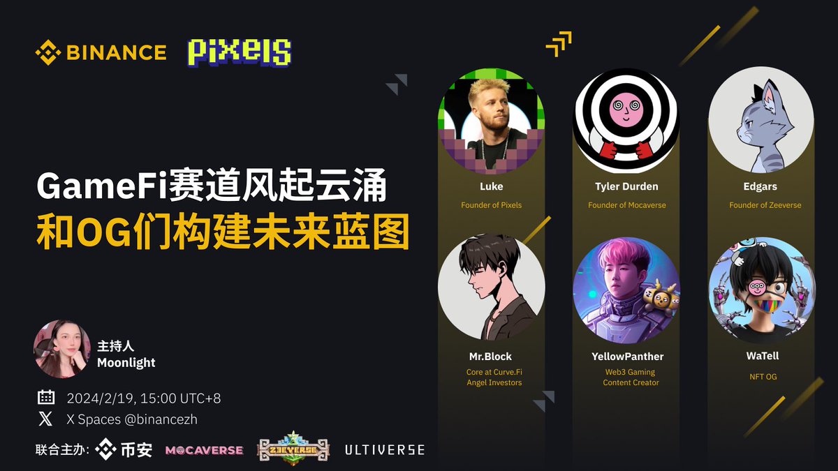 binancezh's tweet image. 【 #BinanceSpaces 】#新币报道 
GameFi赛道风起云涌，和OG们一同构建未来蓝图 @pixel_online

🎙️主持
@Moon1ightSt

🏂嘉宾
@whatslukedoing
@tylerdurden88
@0xEulers
@mrblocktw
@yellowpantherx
@0xWatell

⏱️2.19 15:00准时收听
#Binance   #币安