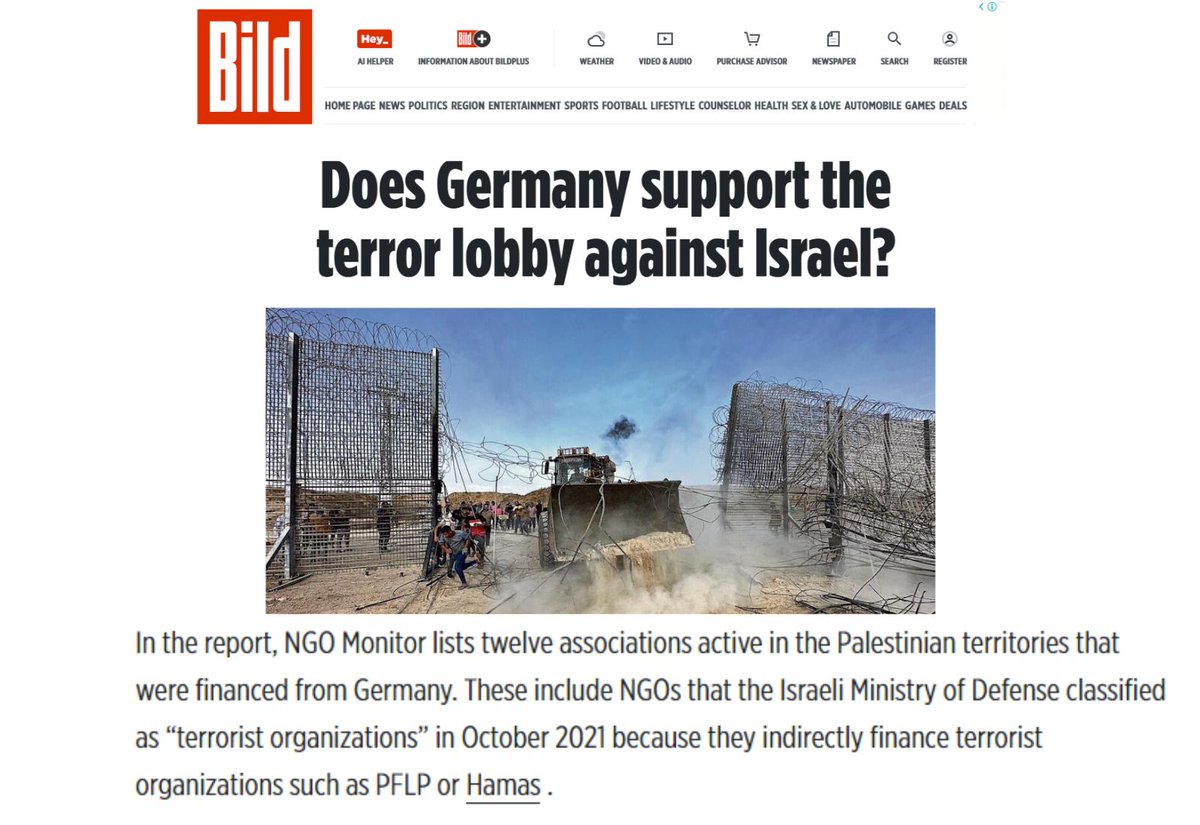 .@BILD presents our new report on 🇩🇪 funding to anti-Israel NGOs, noting that several of these NGOs were classified by Israel as terrorist orgs. Last week, German media announced that 🇩🇪 will stop funding the 6 designated Palestinian NGOs.> See t.ly/Ow7jO
