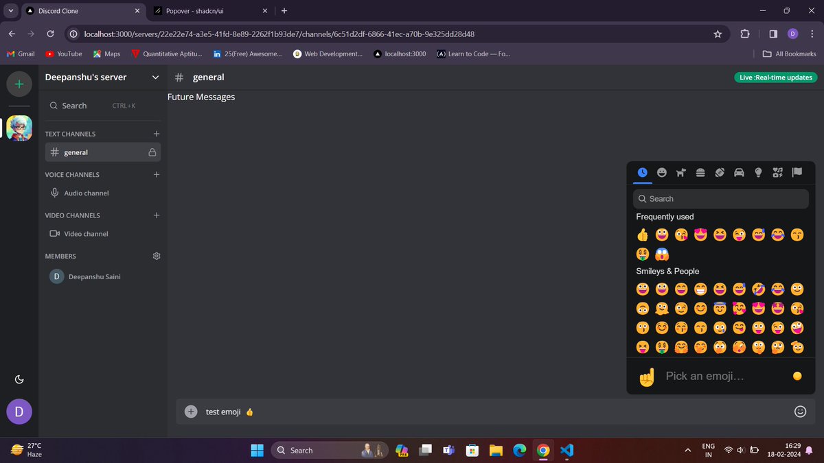 DeepanshuS7943's tweet image. Discord Clone -
1. Added Message Attachment (Image and Pdf)
2.Added Emoji Picker
#buildinpublic #100daysofcodechallenge #Webdevelopme