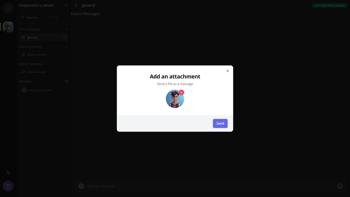 DeepanshuS7943's tweet image. Discord Clone -
1. Added Message Attachment (Image and Pdf)
2.Added Emoji Picker
#buildinpublic #100daysofcodechallenge #Webdevelopme