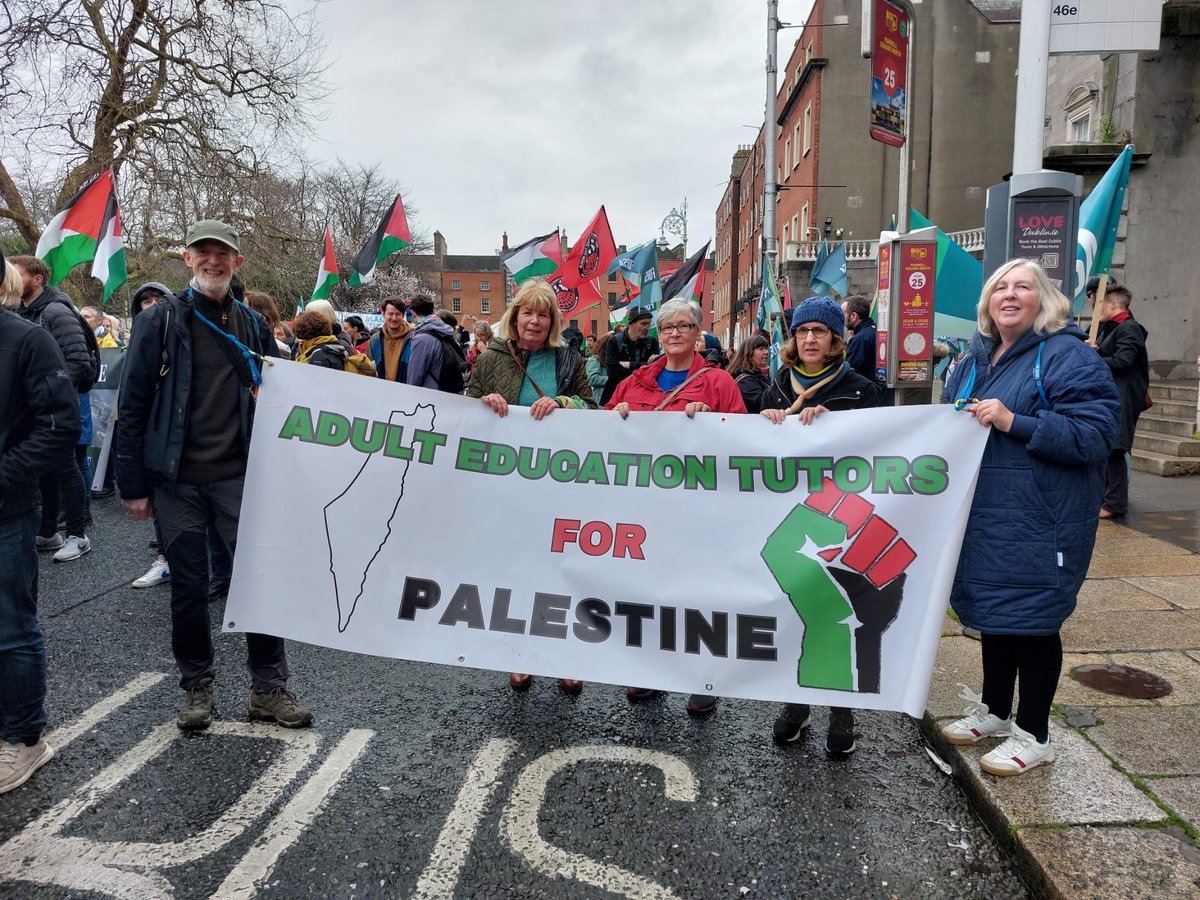 AETs4Palestine's tweet photo. Adult Ed Tutors for Palestine were proud to join our brothers &amp; sisters in @SIPTU, @TUIunion, @forsa_union_ie, @ForsaLeft, @Teachers4Pal , @ICTU, @the_IWU, @MandateTU, @TheUSI, @UniteunionROI, @LeCheileDND &amp; 1000s of others in Dublin in yesterday's @ipsc48 march against genocide. https://t.co/0sBhBPpGN1