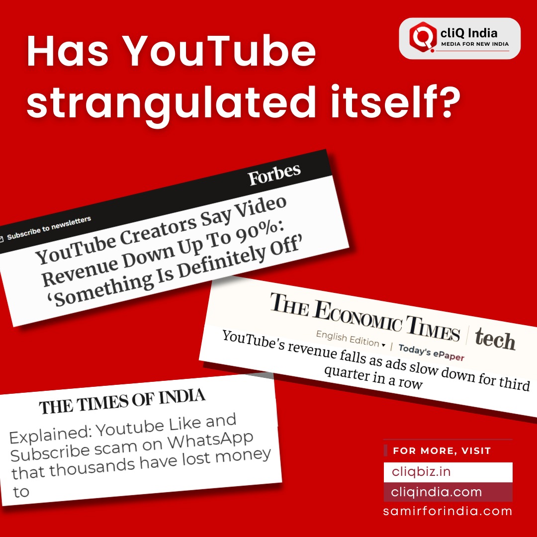Samir_for_India's tweet photo. YouTube' current trajectory is concerning for content creators. #Google needs to refine its #BusinessModel for growth, overhaul policies to focus beyond competition, prioritize support for the #CreativeEconomy &amp; develop a cohesive strategy to remain the top platform for creators https://t.co/l5NfXk69Ds