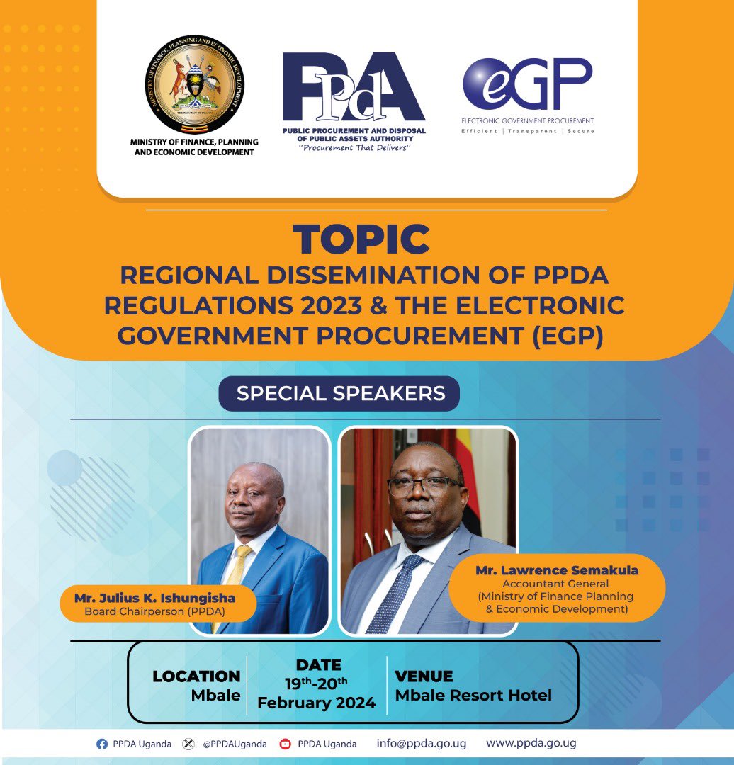Eastern Uganda, here we come! #PPDARegulations2023 & @eGPUganda Dissemination Stakeholder Engagement Sessions are set for tomorrow in Soroti & Mbale City. Are you ready? #ProcurementThatDelivers