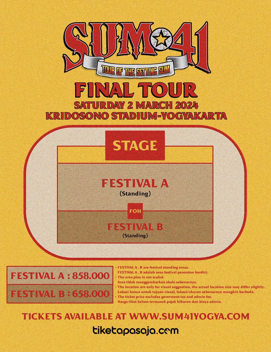 Konser <a href="/Sum41/">Sum 41</a> akan dibuka oleh <a href="/rocket_rockers/">Rocket Rockers</a> &amp; <a href="/endanksoekamti/">ENDANK SOEKAMTI</a>. 

Tiket: bit.ly/tiketsum41yogya. 

Info lebih lengkap, pantau @wildgroundlive di IG~