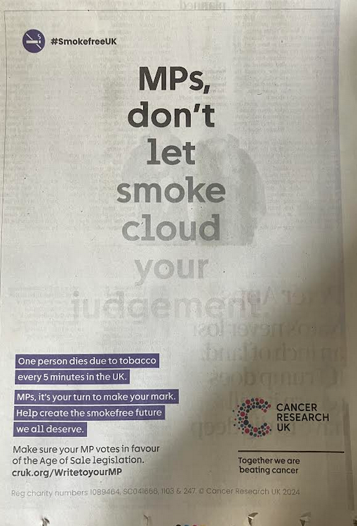 One person dies due to tobacco every 5 minutes in the UK.   MPs, it’s your turn to make your mark. Help create the smokefree future we all deserve.   cruk.org/WritetoyourMP

<a href="/CRUK_Policy/">Cancer Research UK Policy</a>

<a href="/AshOrgUK/">ASH</a>

@JavedKhanCEO