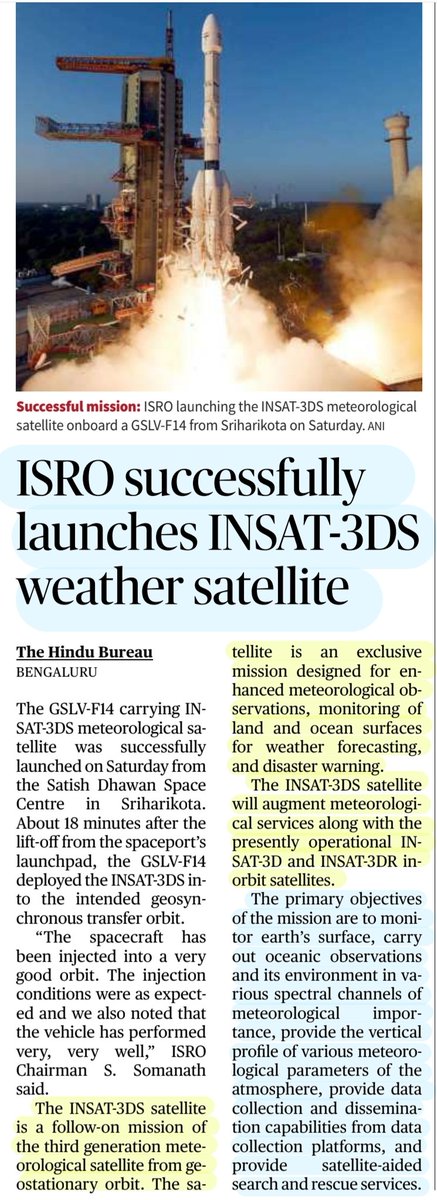 #GSLV -#NaughtyBoy

'Naughty boy' tamed:GSLV injects Weater Satellite into Orbit

Boost for #ISRO Ahead of Earth Observation #satellite launch

#INSAT3DS #INSAT3DSMission
#Weather #Forecast
#GSLVF14 
#NISAR #ISRO #NASA 
#PSLV #LMV
#INSAT4
#Meteorology 

#UPSC

Source: IE & TH