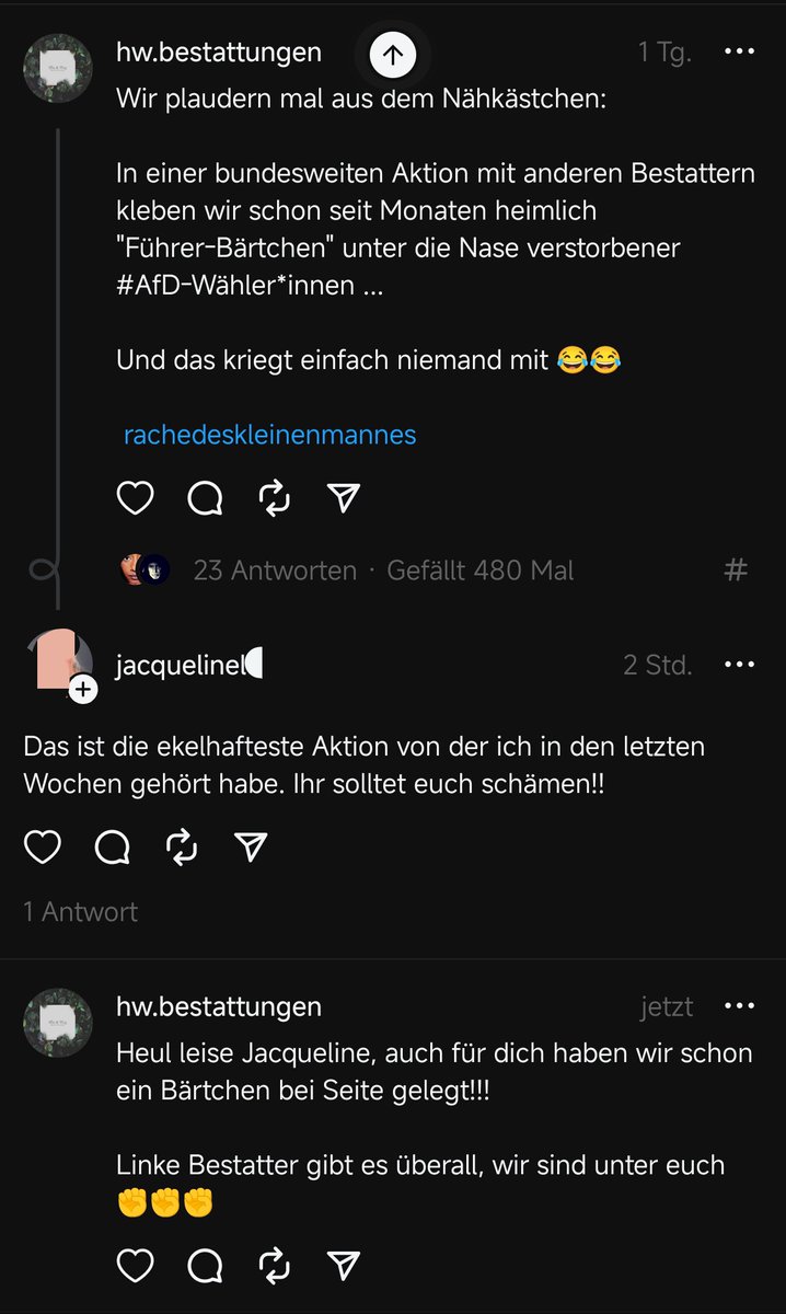 Die Vorstellung, dass jetzt irgendwo eine Jaqueline rumerzählt, dass Bestatter sowas machen (sie hat es selbst von einem bestätigt bekommen und gehört!!!) und wie fassungslos sie ist...

Ist fantastisch 🤝⚰️