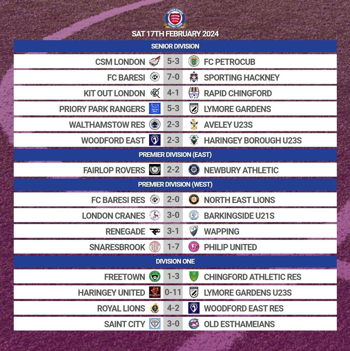 EssexAllianceFL's tweet image. All the results from yesterday in #Week27 across the #EAL

Some silverware is close... 🔜