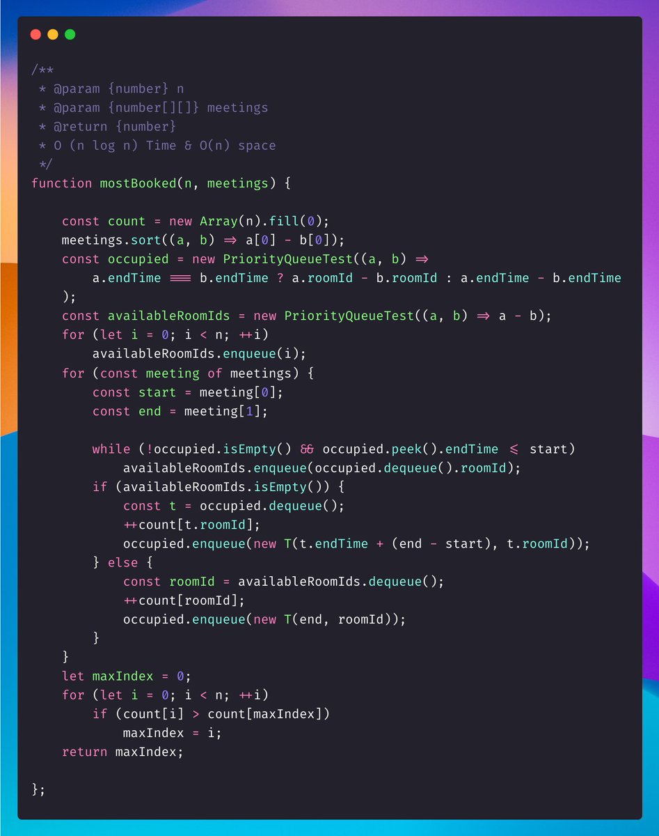 mesunilbagde's tweet image. Daily Coding Problem

2402. Meeting Rooms III  

#coding #alwaysbecoding #learnbydoing #javascript #leetcodestreak 

PriorityQueue DS
gist.github.com/sunil-bagde/9b…
