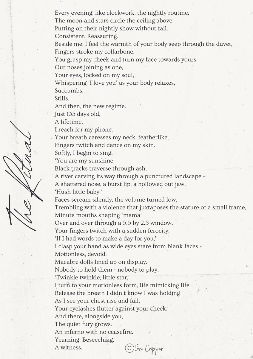 SaharaJC83's tweet photo. Every evening as I lie beside my sleeping four-year-old, I watch. I witness.
I am the mother screaming in grief. I am the child whose parents have been ripped from them. I see you. I hear you. 
#ceasefirenow 
@MichaelRosenYes your recent poems inspired me to pen my own thoughts. https://t.co/w1bey4kcQH