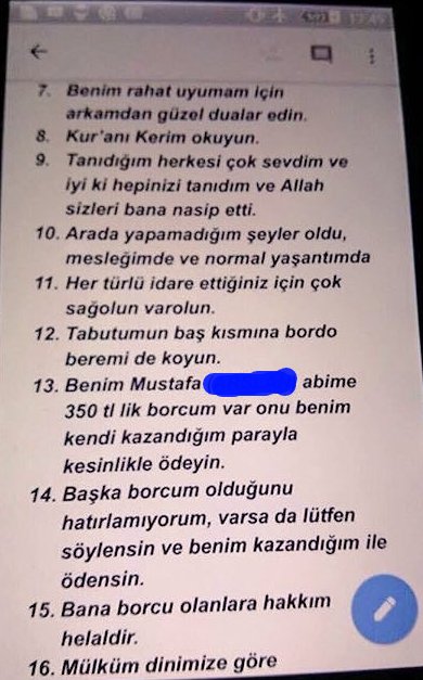 Diyarbakır/Sur'da şehit düşen Astsb.Kd.Çvş. Doğukan Tazegül'ün cep telefonunda bulunan vasiyeti..