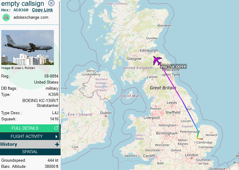 SirListenalot's tweet photo. #KC135 #AE0360 #ROMA02 on a round trip from Mildenhall to take some USMC #F35's stragglers from Keflavik to Evenes, Norway. #TREND51-?? &amp; #TREND61-62 already arrived at ENEV Feb16 ~1335z &amp; ~1455z https://t.co/T8Uckfe6Mf