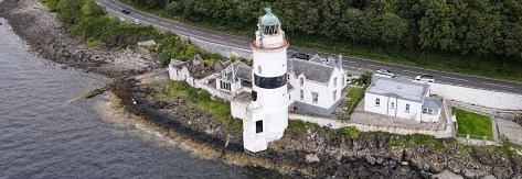 tourscotland's tweet photo. Tour #Scotland short 4K aerial travel video Blog clip, with #Scottish music, of #Cloch #Lighthouse on ancestry, genealogy, family history visit and trip to the #Firth Of #Clyde Designed by Thomas Smith and son in law Robert Stevenson and completed in 1797 https://t.co/BEdqZahbGw https://t.co/HyPicYs3PO