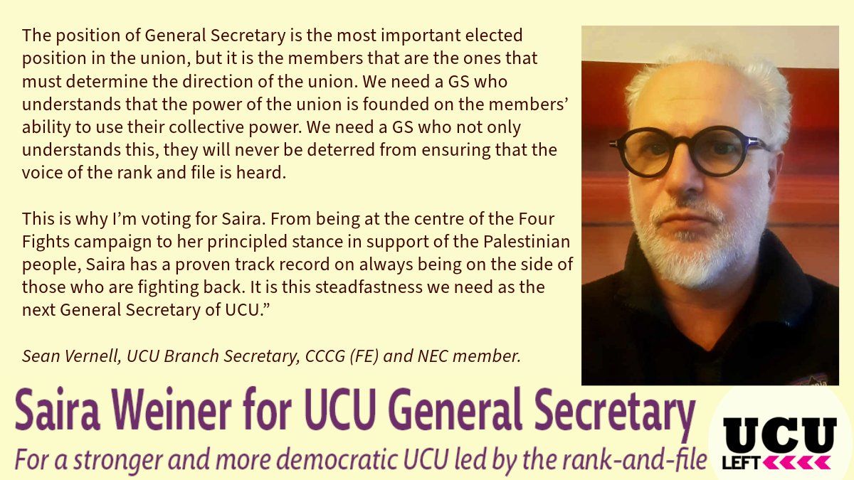UcuLeft's tweet image. Vote Saira Weiner for General Secretary

Sean Vernell, UCU Branch Secretary, CCCG (FE) and NEC member

#Saira4UCUGS #Peter4VP #ucuRISING #Solidarity #RespectFE #ucustrikes #GazaCeasefireNow